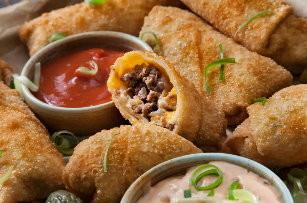 Amazing Bacon Blue Cheeseburger Egg Rolls With Dipping Sauces
