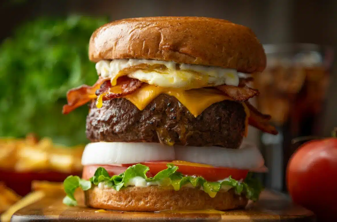 Bacon cheeseburgers with cheese, lettuce, tomato, onion, ketchup, egg